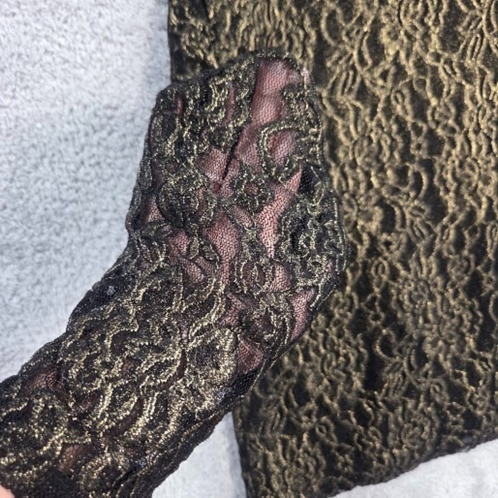 Chico's Pullover Top Womens Large Gold Metallic Floral Lace Sheer Sleeve Festive - Picture 10 of 12